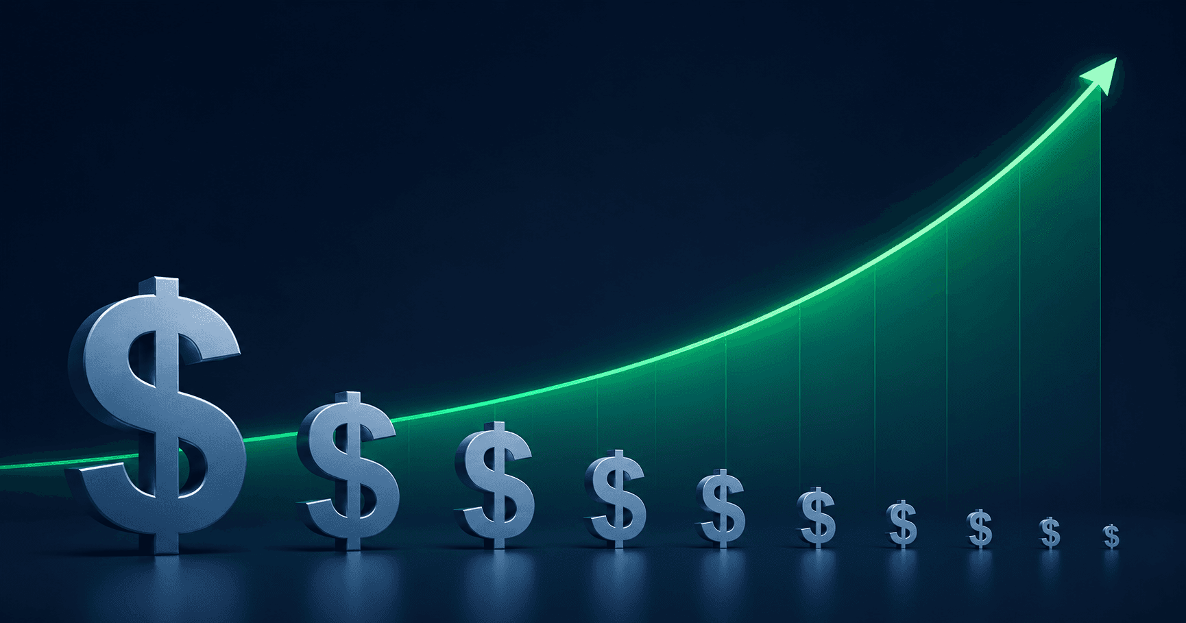 Abstract visualization showing the declining purchasing power of the US dollar from 1913 to 2026, with a rising CPI inflation line on a dark navy background