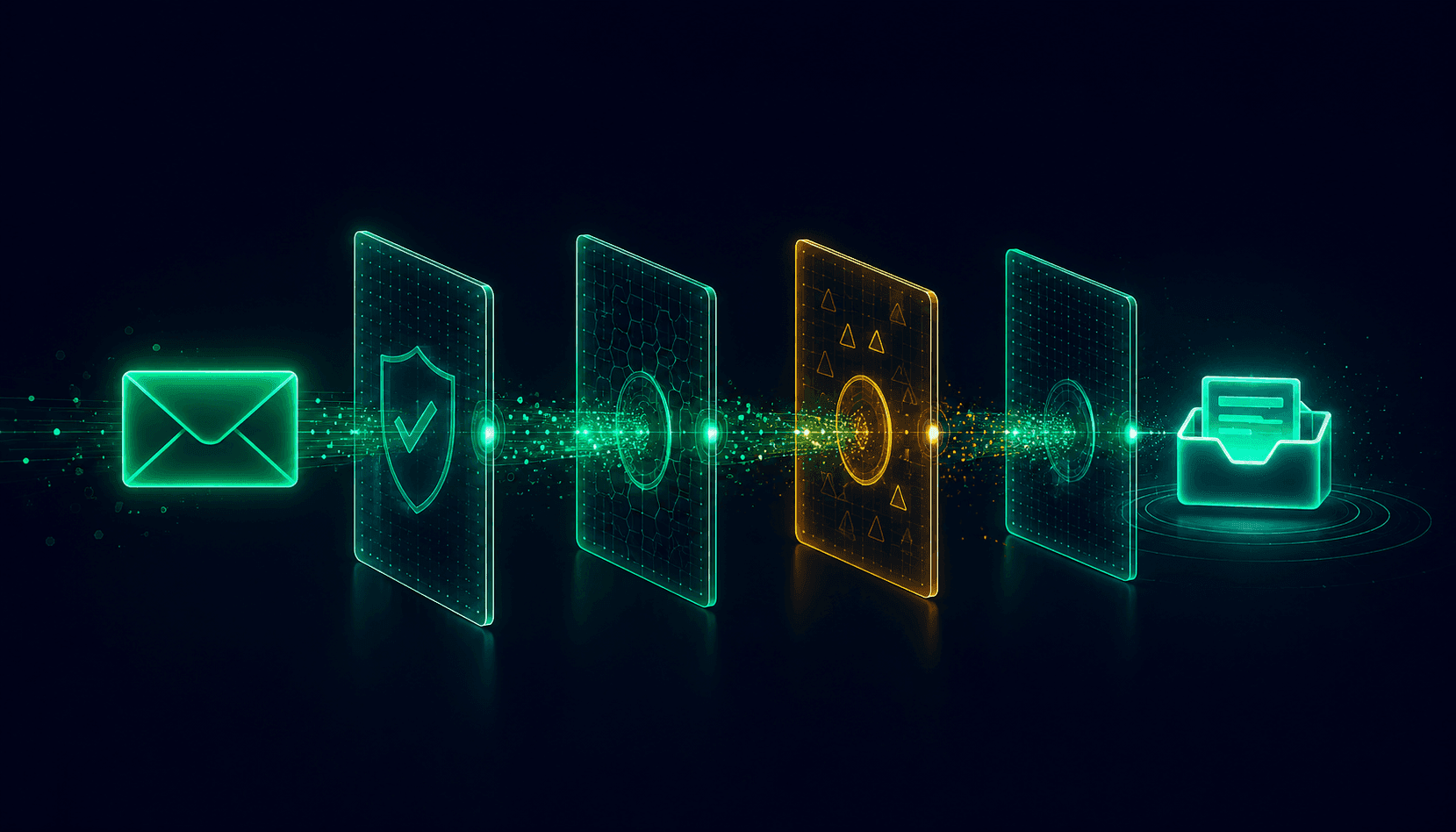 Abstract illustration of an email envelope passing through SPF, DKIM, and DMARC authentication checkpoints, landing in an inbox