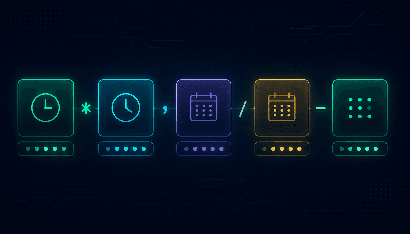 Cron syntax field breakdown showing the five fields: minute, hour, day of month, month, and day of week with their allowed value ranges