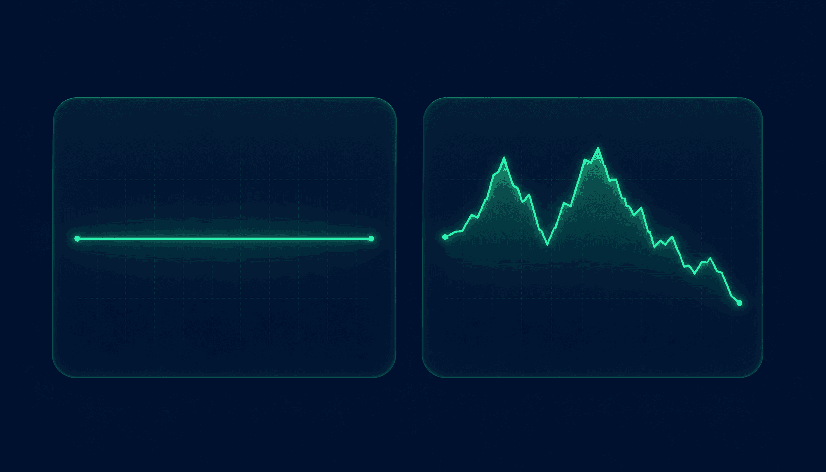 Abstract dark navy illustration showing a safety net beneath a financial profile with monthly expense bars and an emerald green buffer layer