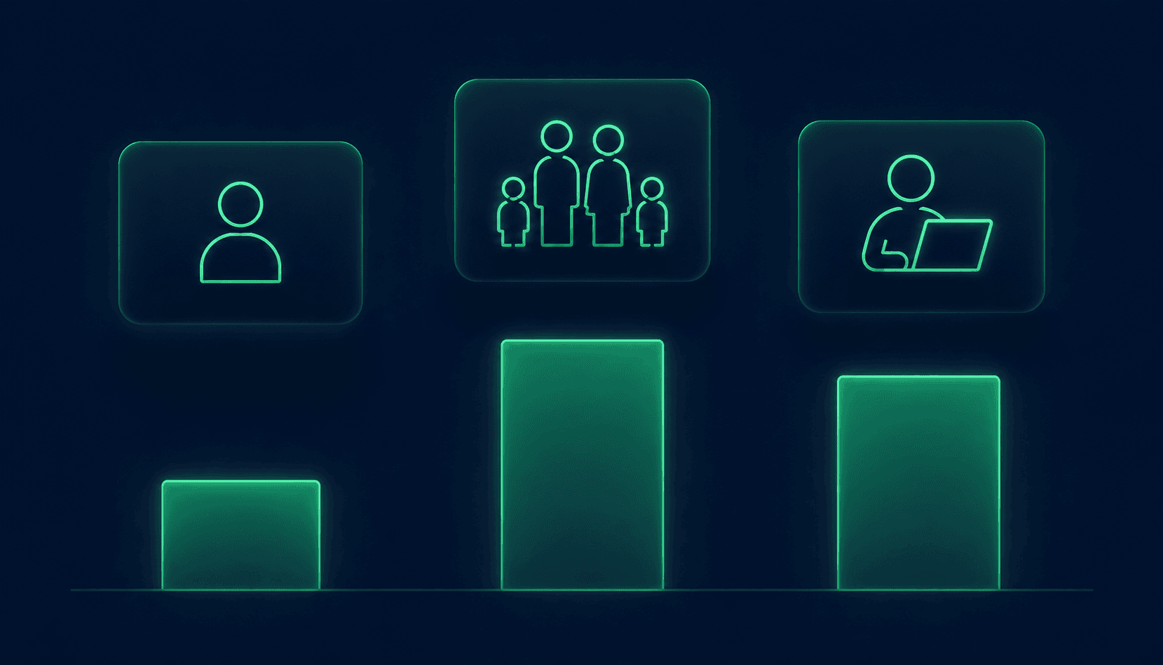Abstract three-panel comparison on dark navy background showing different emergency fund levels for single employee, family, and freelancer household profiles