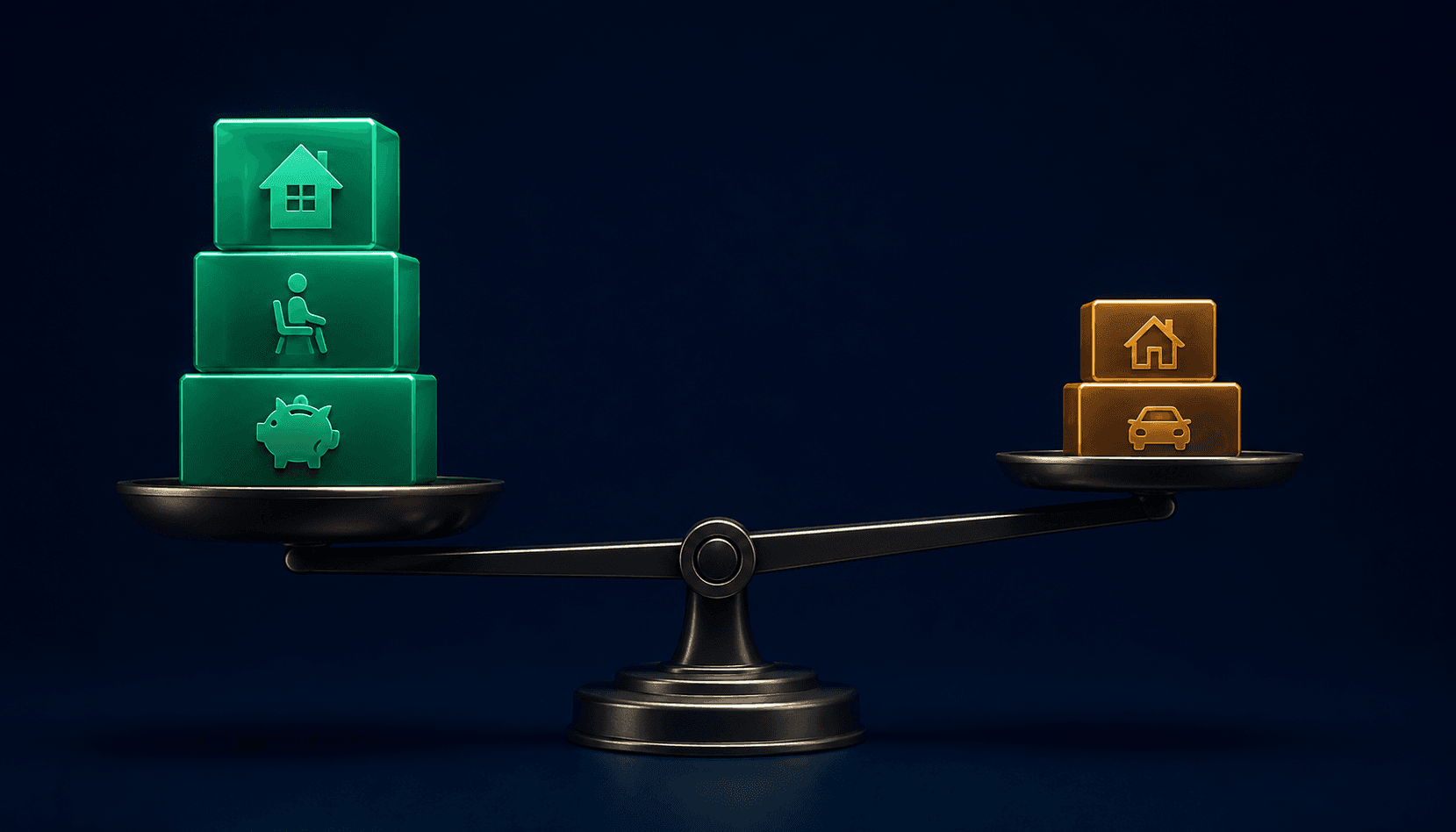 Abstract visualization of net worth as assets minus liabilities, showing the balance between what you own and what you owe