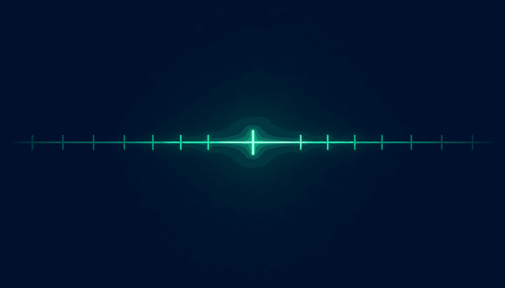 Abstract number line on dark navy background with the epoch marked at left in medium teal, the current timestamp region glowing in bright emerald, and future and past timestamps fading toward each end