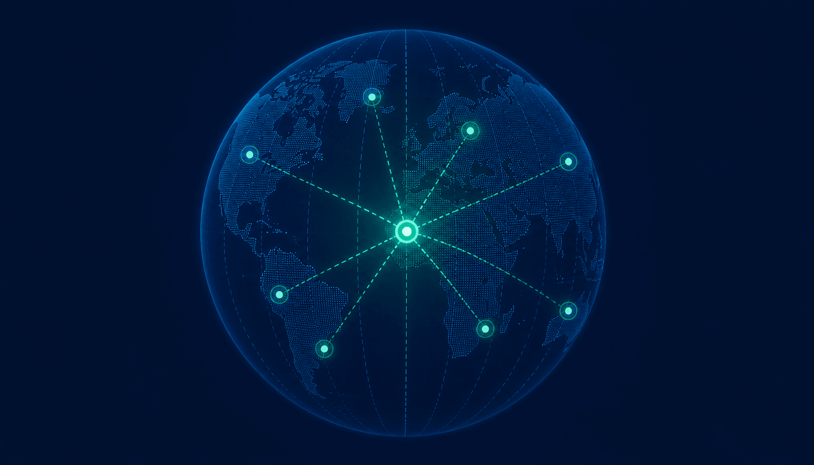 Abstract diagram on dark navy background showing UTC as a single reference point with multiple local timezone offset branches representing different regions of the world