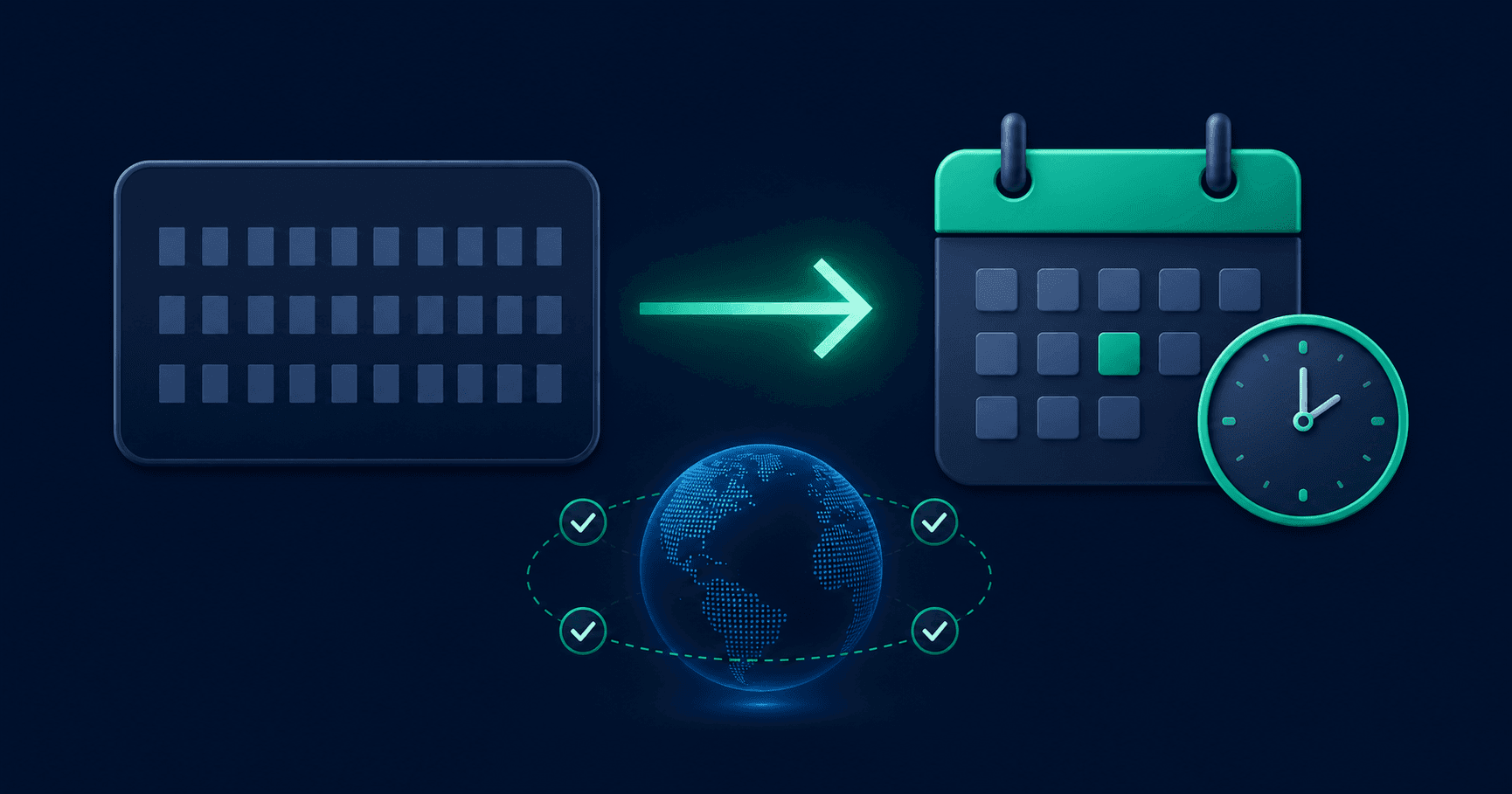 Abstract dark navy background showing a Unix timestamp integer converting to a human-readable date string, with a globe icon showing timezone-independence and emerald green arrows connecting clock and calendar icons